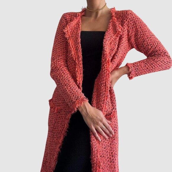 Forel Sweaters - Peach pink fuzzy knit tweed long boho twee cardigan with black accents | Size M